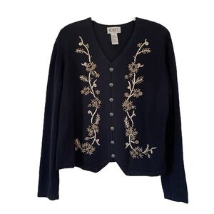 Vintage Koret Navy blue sweater with embroidery & buttons. Grannycore size L
